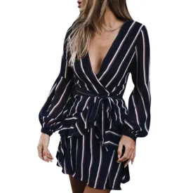 Lantern Sleeve Casual Striped V-Neck Ruffle Mini Party Dress Women