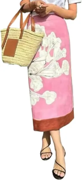 Long Floral Midi Skirt Pencil Skirt Pink Skirt for Women Linen Maxi Skirt with Slit