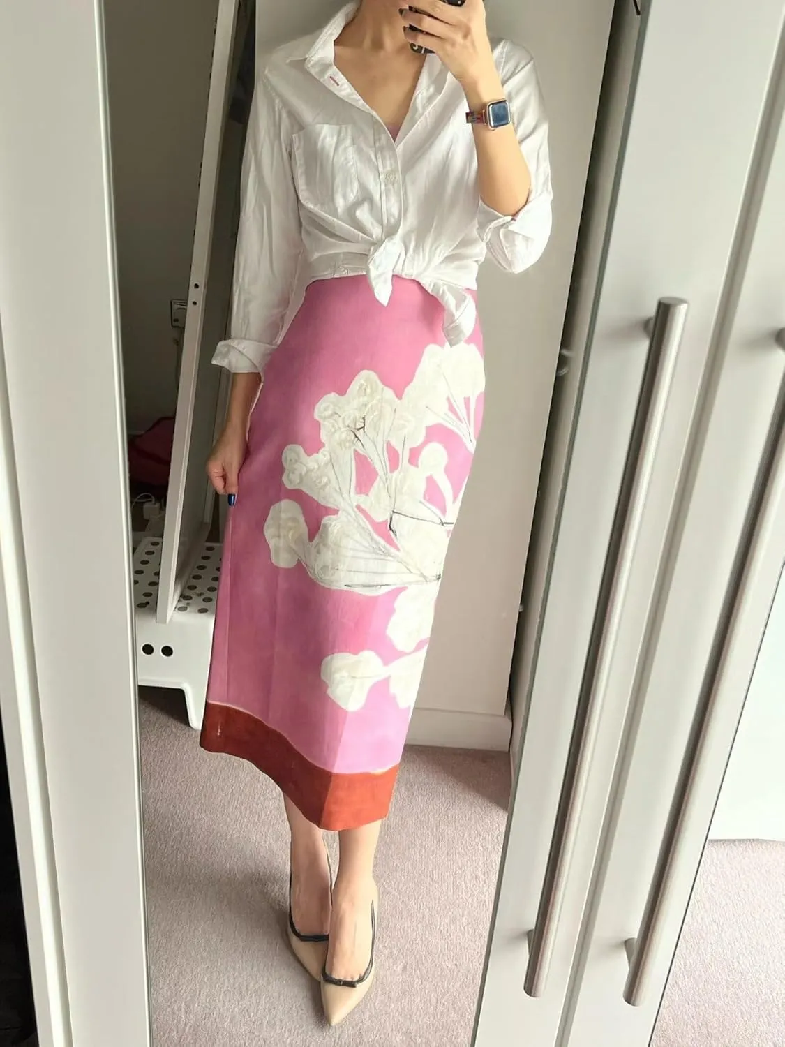 Long Floral Midi Skirt Pencil Skirt Pink Skirt for Women Linen Maxi Skirt with Slit