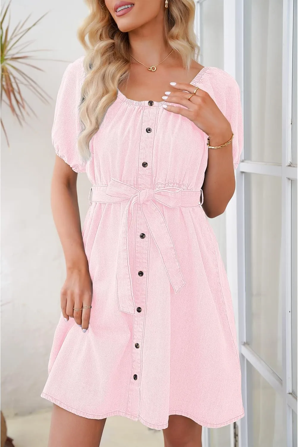 luvamia Denim Dress for Women Off The Shoulder Dresses Puff Sleeve Elastic Waist A Line Short Western Jean Dress Belted