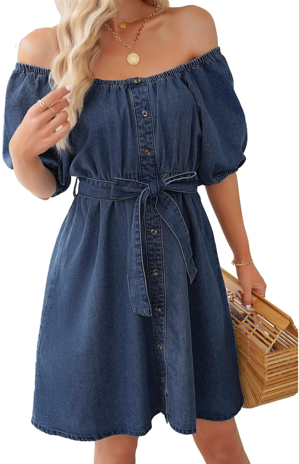 luvamia Denim Dress for Women Off The Shoulder Dresses Puff Sleeve Elastic Waist A Line Short Western Jean Dress Belted