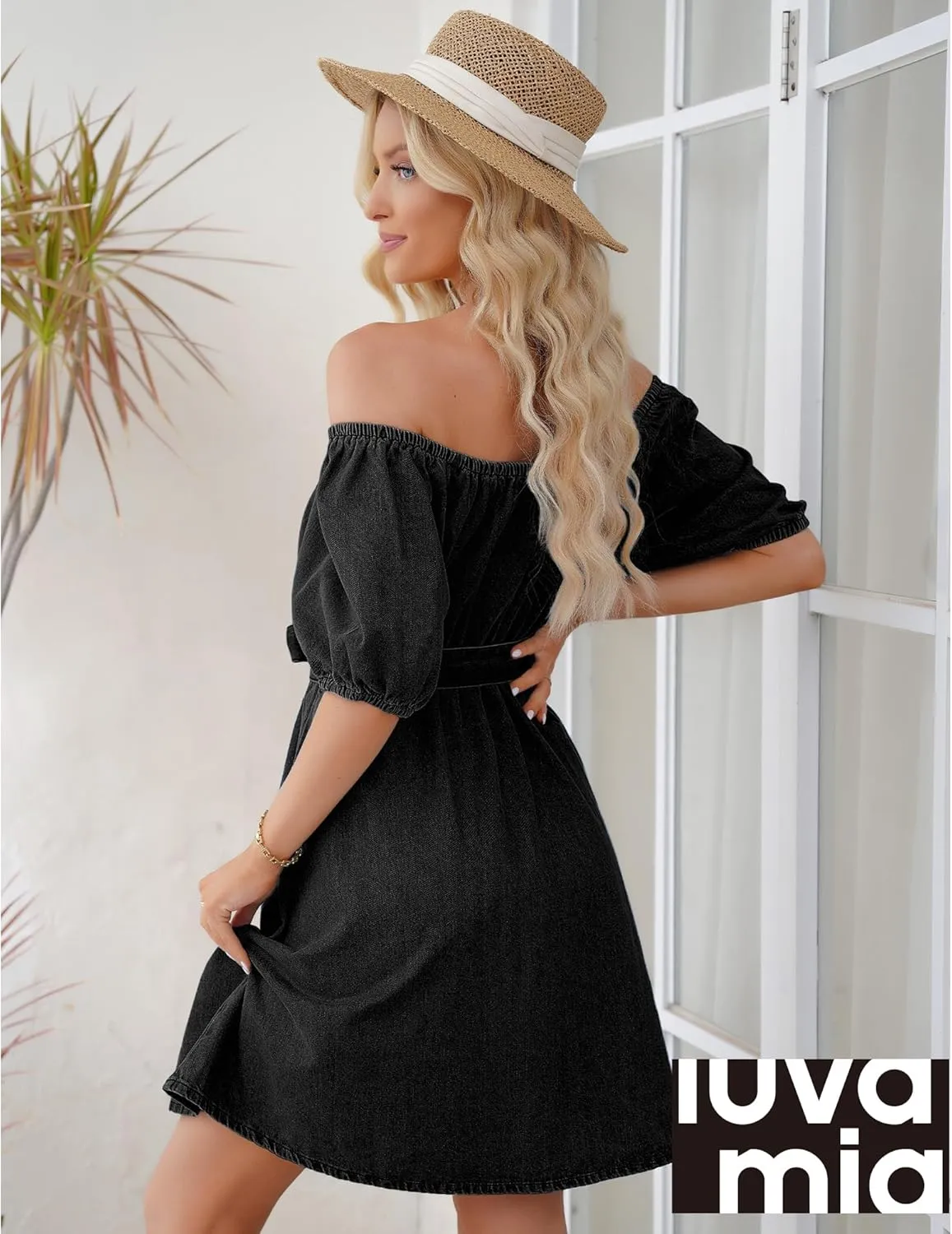 luvamia Denim Dress for Women Off The Shoulder Dresses Puff Sleeve Elastic Waist A Line Short Western Jean Dress Belted