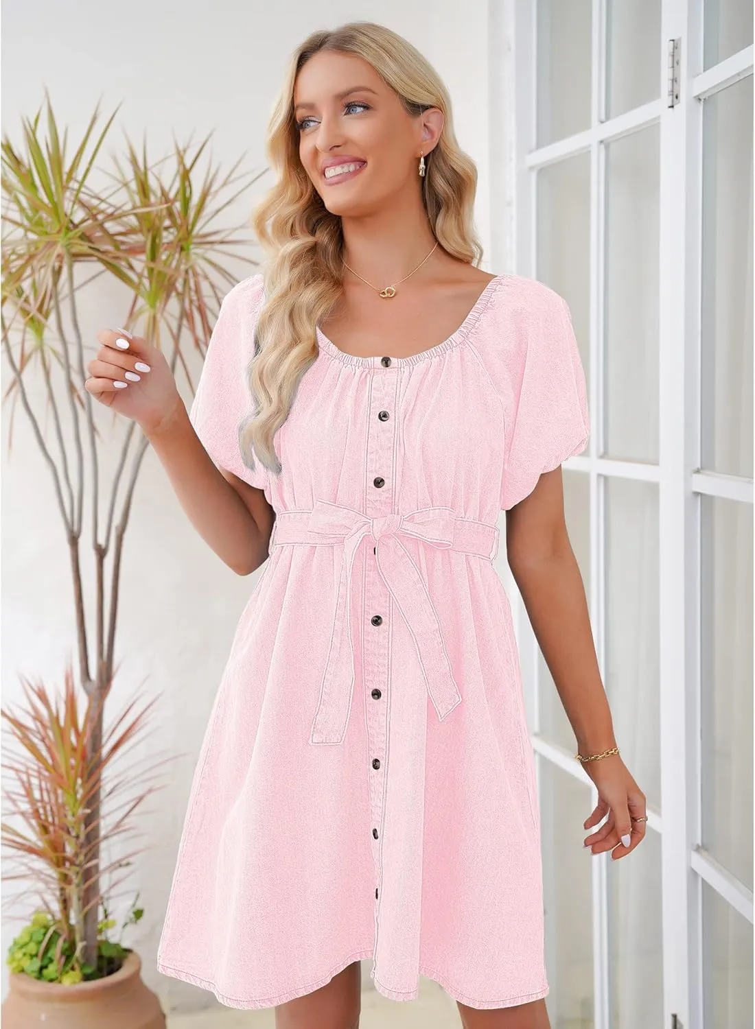 luvamia Denim Dress for Women Off The Shoulder Dresses Puff Sleeve Elastic Waist A Line Short Western Jean Dress Belted