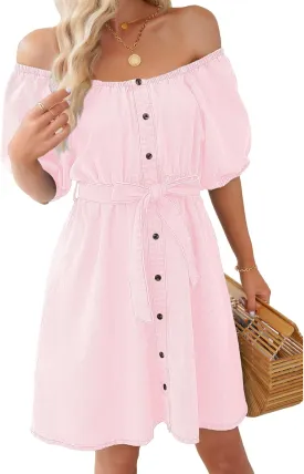 luvamia Denim Dress for Women Off The Shoulder Dresses Puff Sleeve Elastic Waist A Line Short Western Jean Dress Belted
