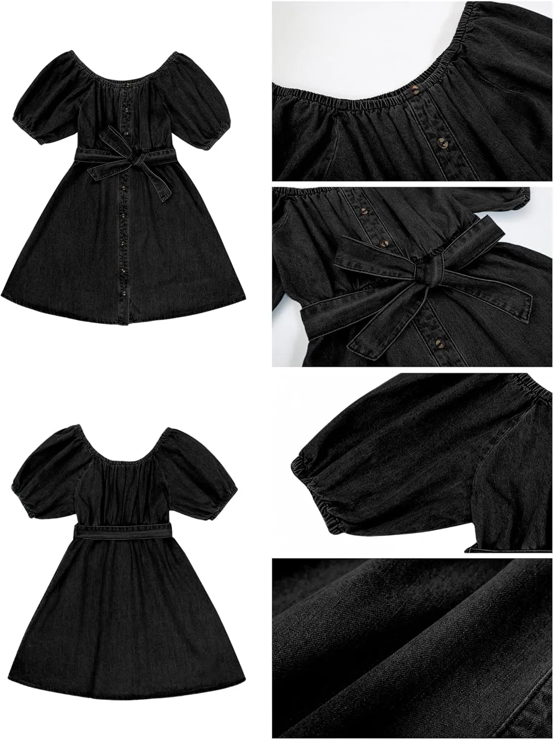 luvamia Denim Dress for Women Off The Shoulder Dresses Puff Sleeve Elastic Waist A Line Short Western Jean Dress Belted