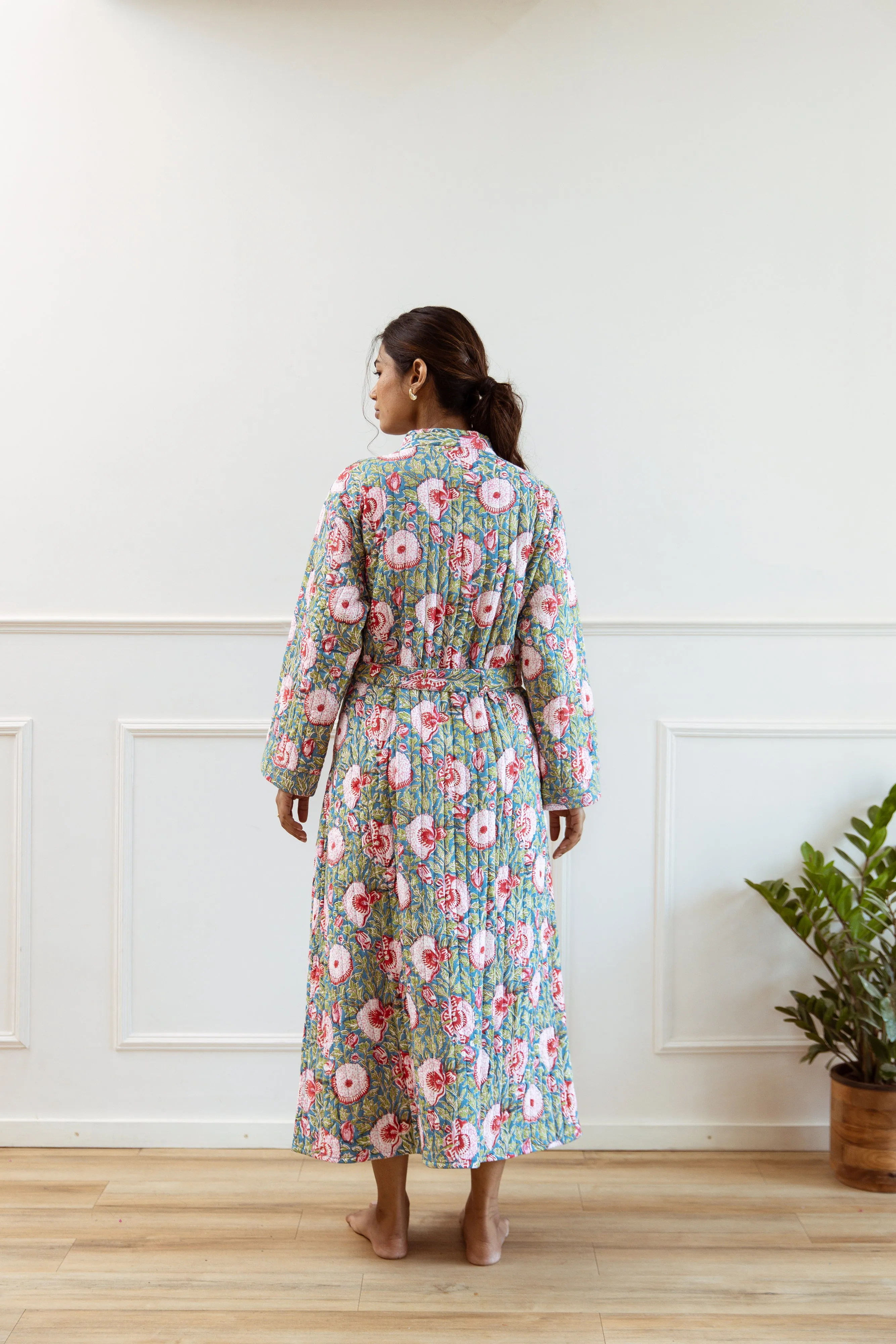 Luxury Quilted Hand Block Print Robe - Blue & Pink Floral