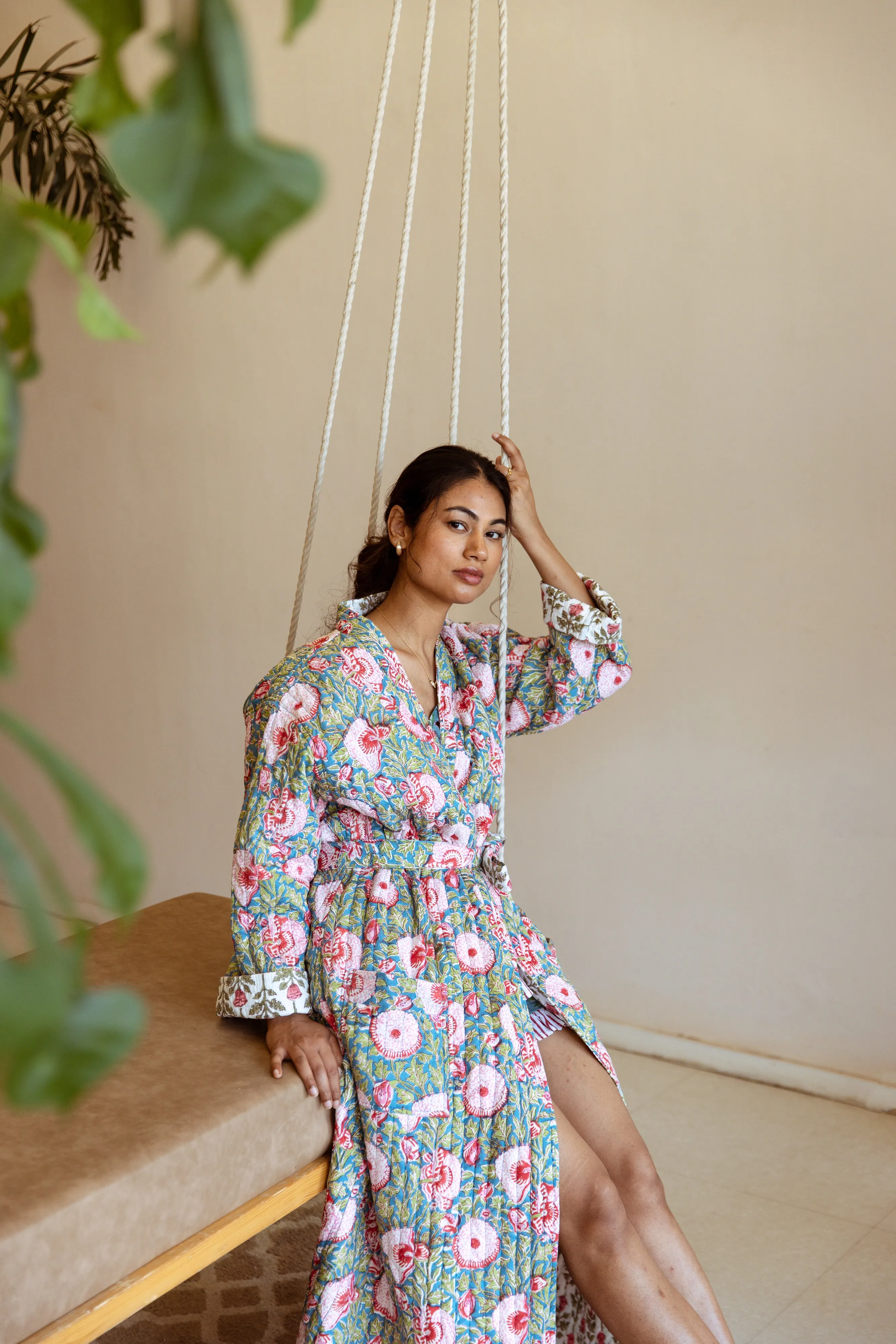 Luxury Quilted Hand Block Print Robe - Blue & Pink Floral