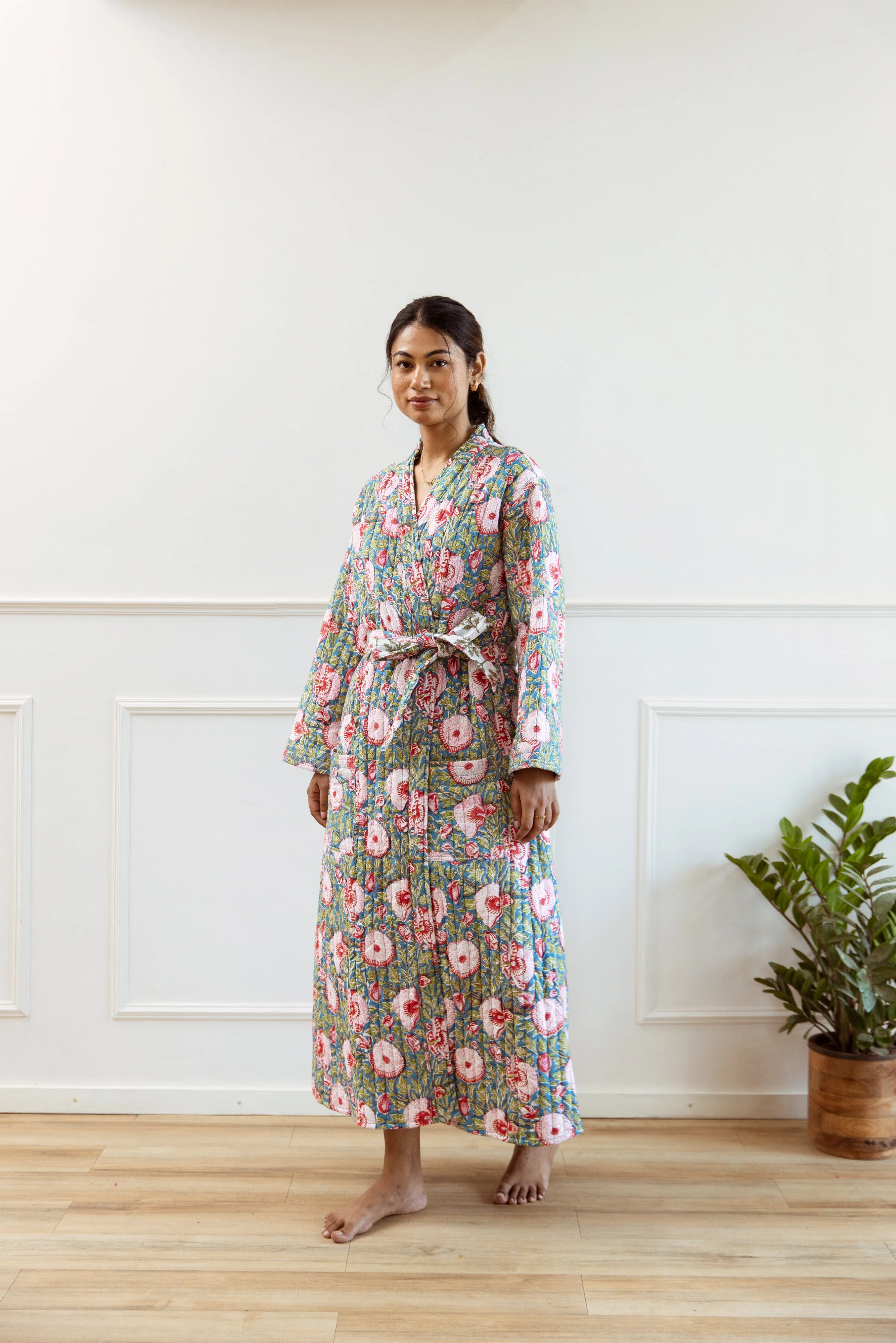 Luxury Quilted Hand Block Print Robe - Blue & Pink Floral