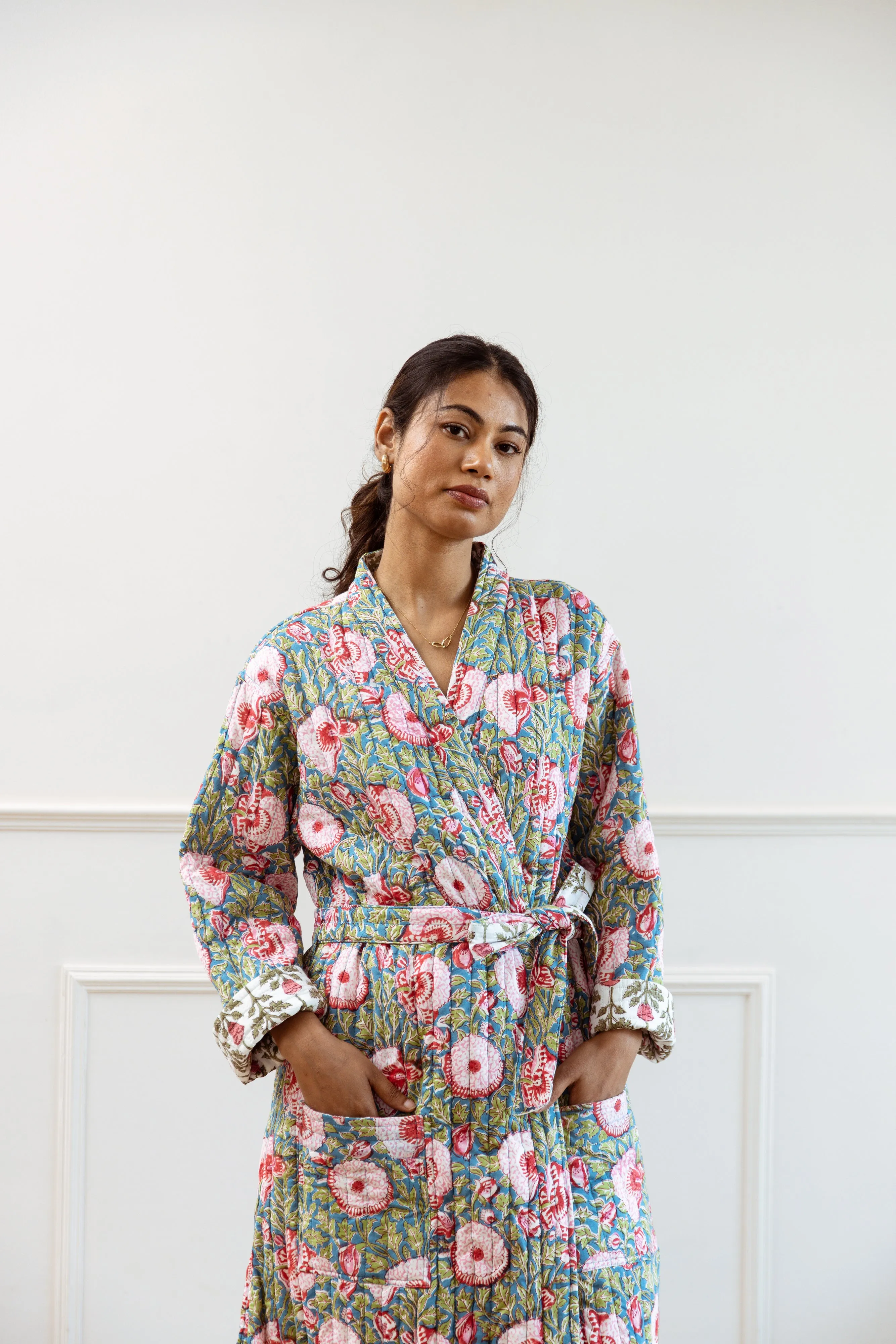Luxury Quilted Hand Block Print Robe - Blue & Pink Floral