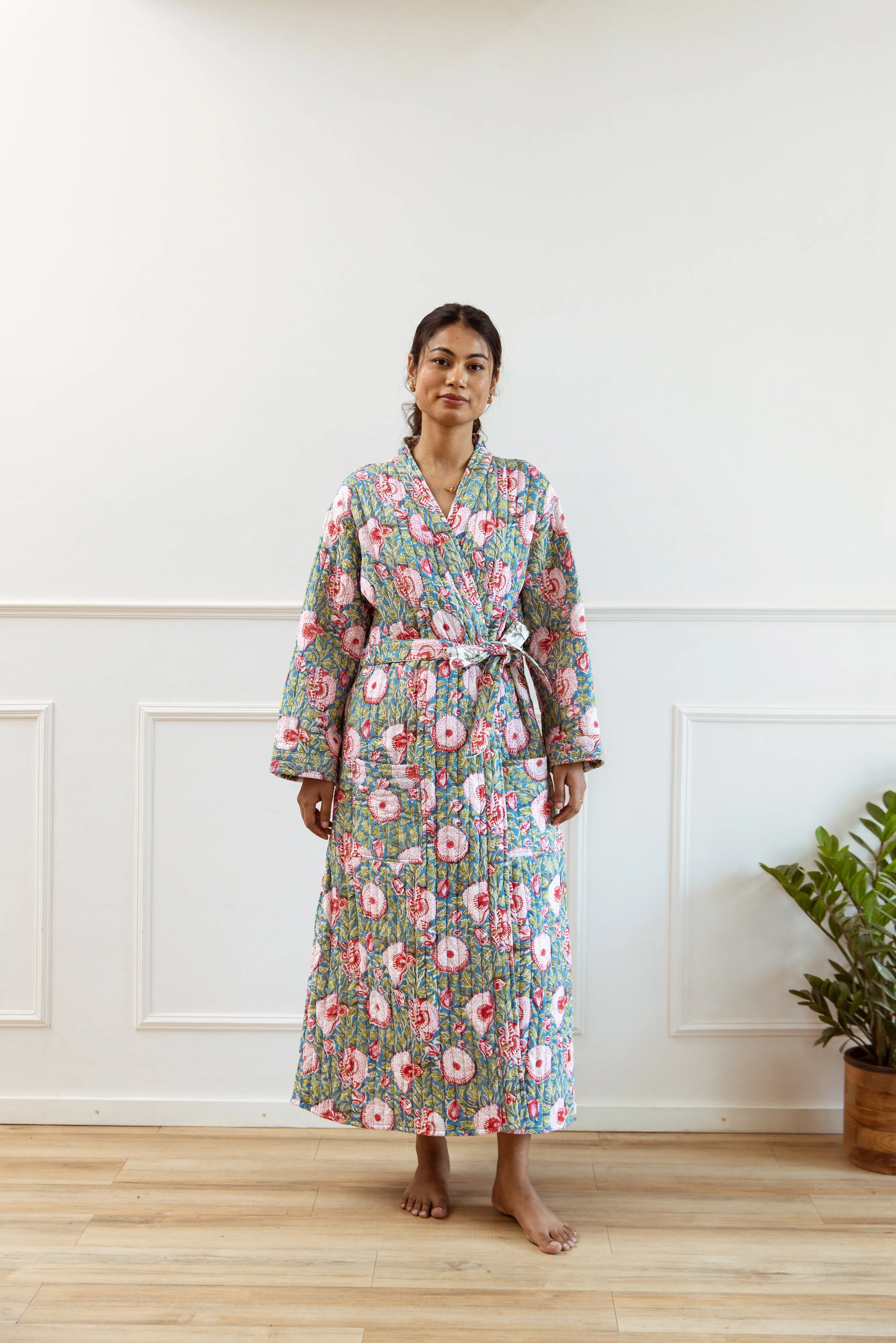 Luxury Quilted Hand Block Print Robe - Blue & Pink Floral