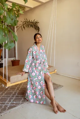 Luxury Quilted Hand Block Print Robe - Blue & Pink Floral