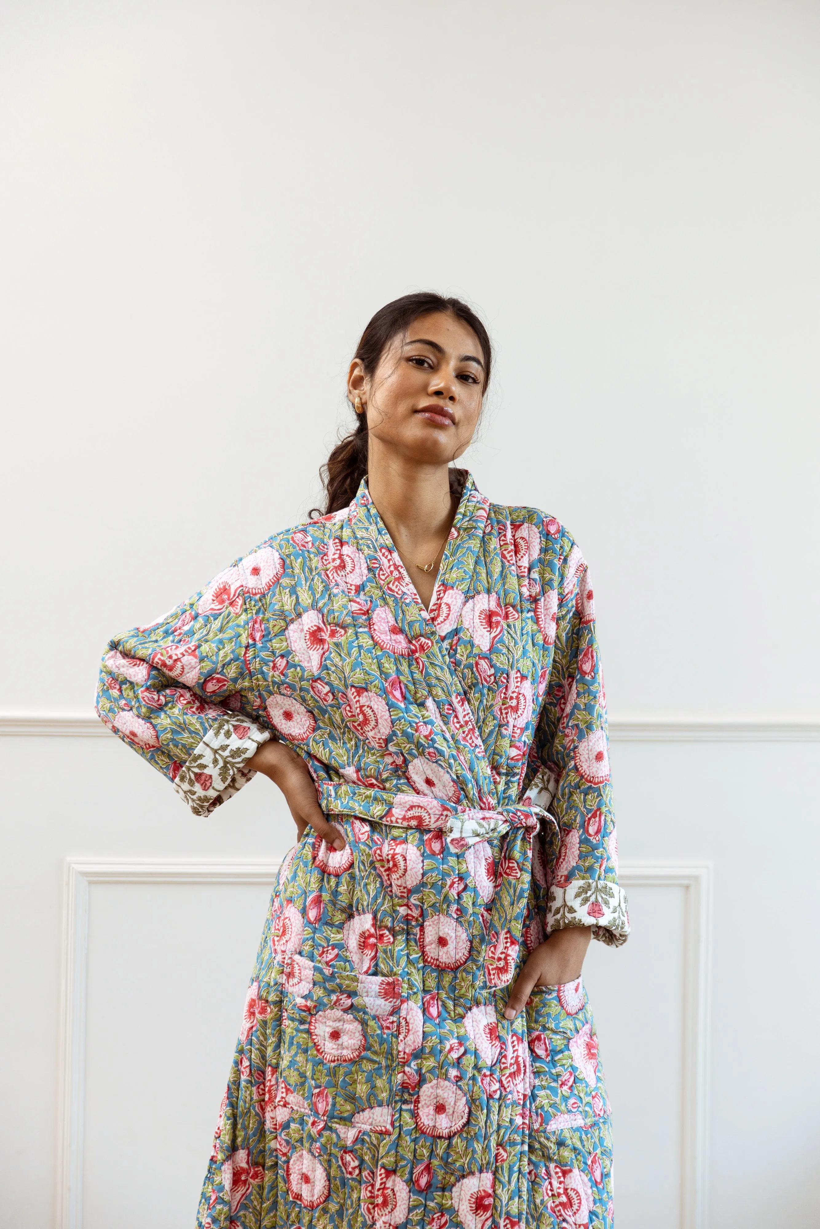 Luxury Quilted Hand Block Print Robe - Blue & Pink Floral