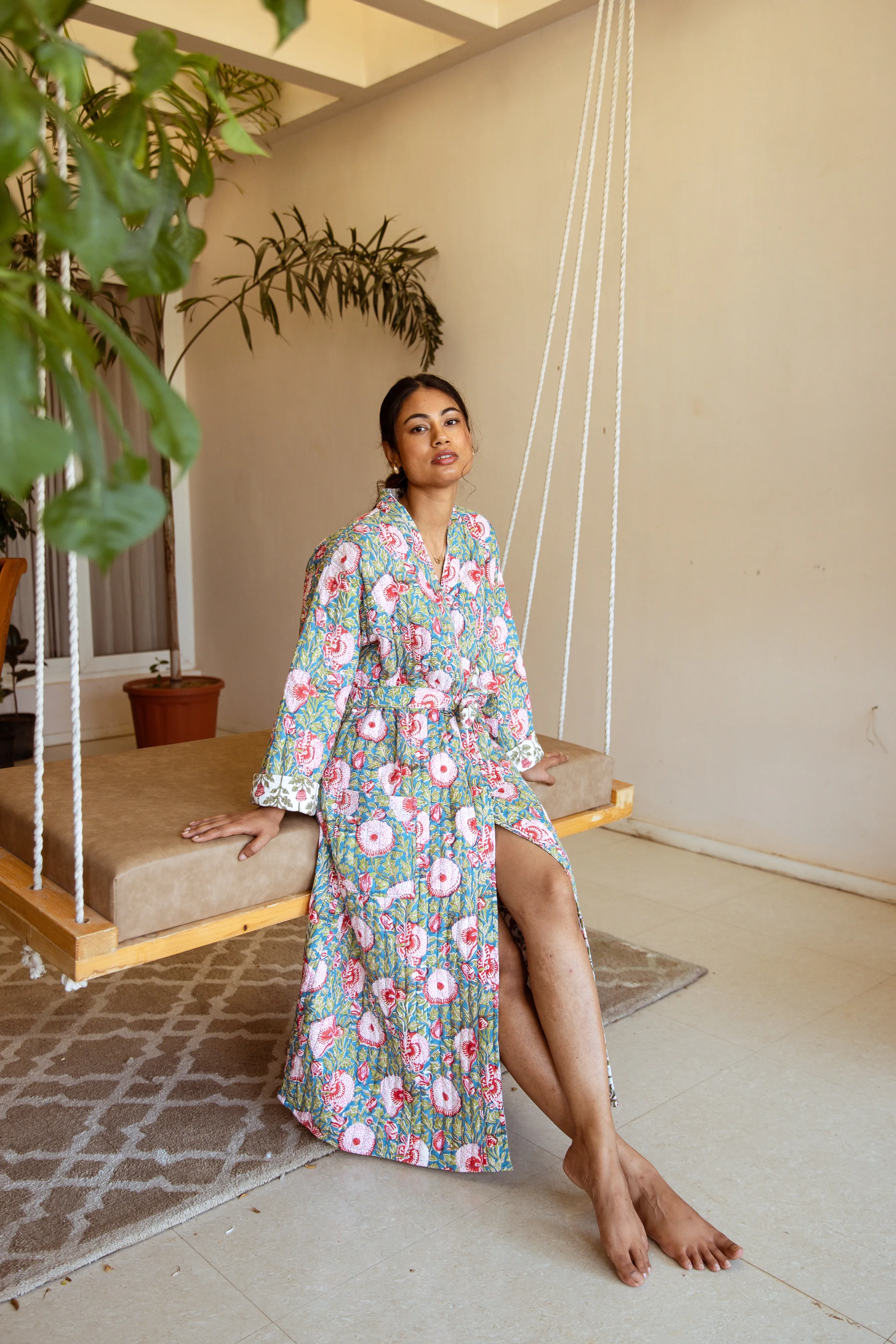 Luxury Quilted Hand Block Print Robe - Blue & Pink Floral
