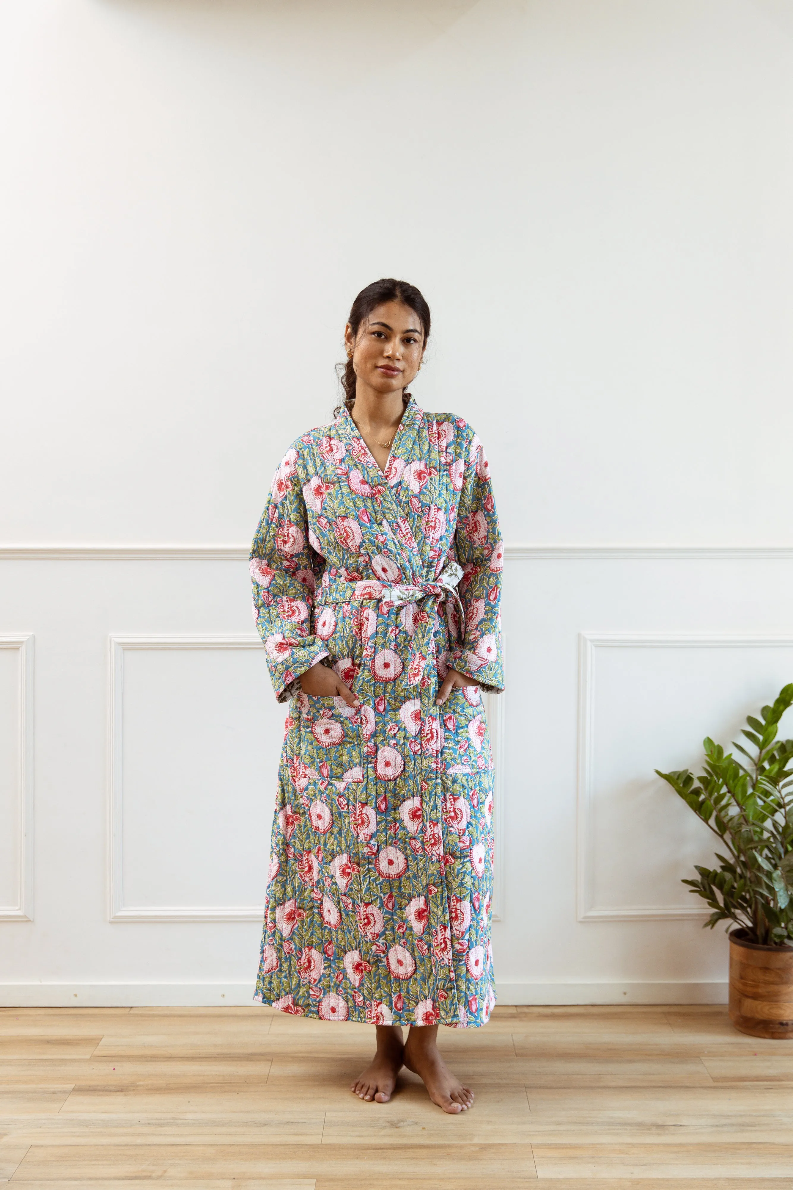 Luxury Quilted Hand Block Print Robe - Blue & Pink Floral