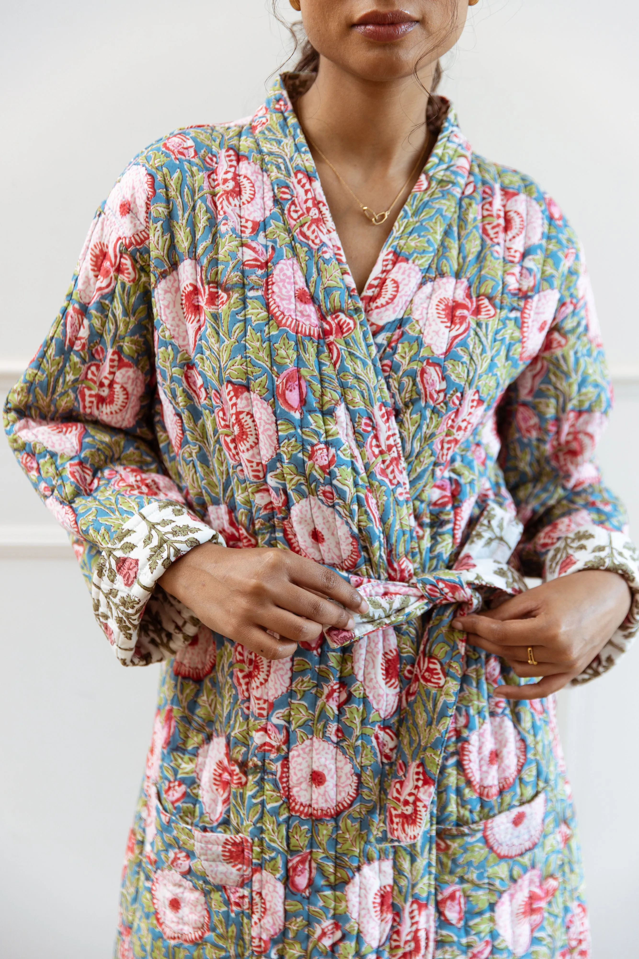 Luxury Quilted Hand Block Print Robe - Blue & Pink Floral