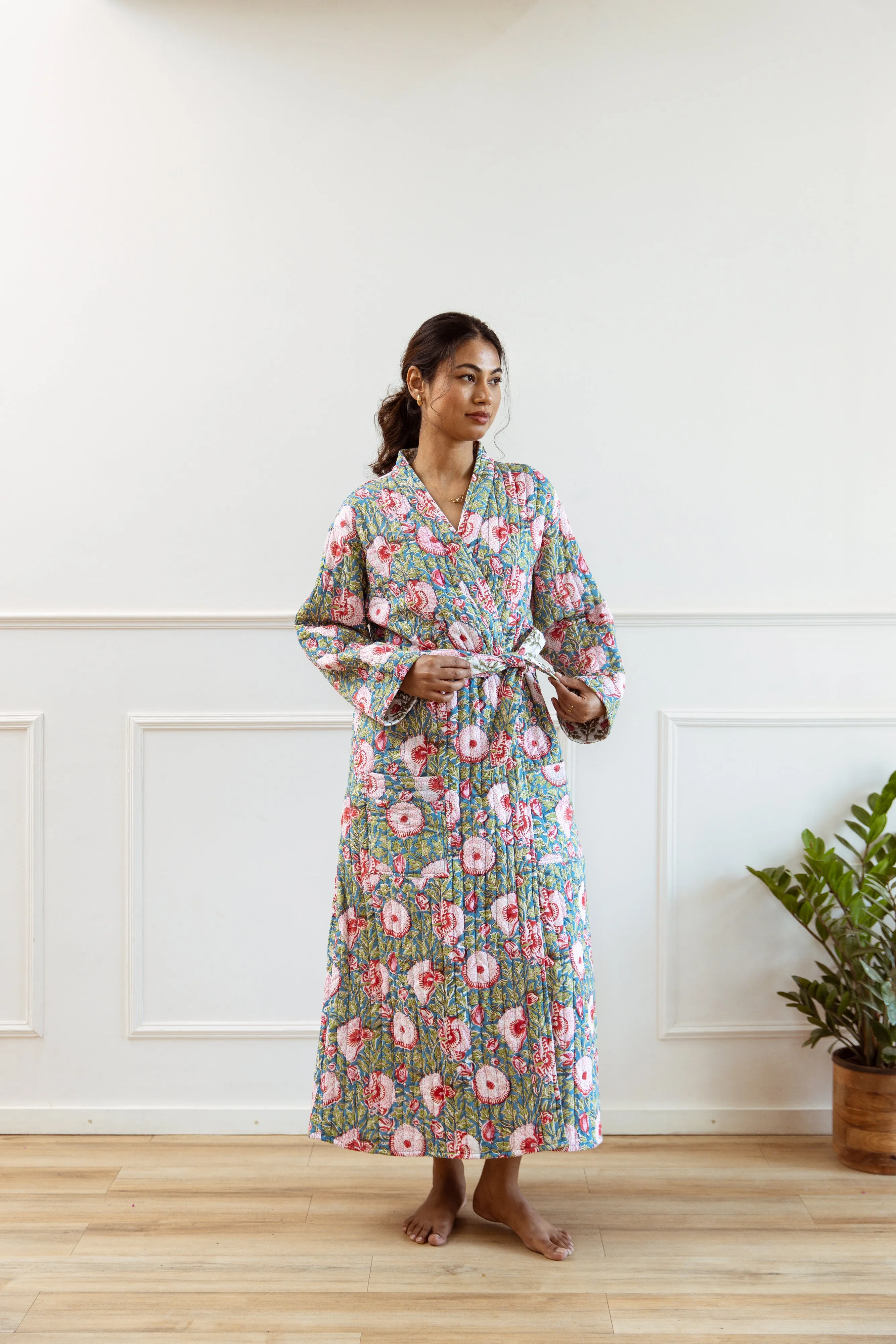 Luxury Quilted Hand Block Print Robe - Blue & Pink Floral