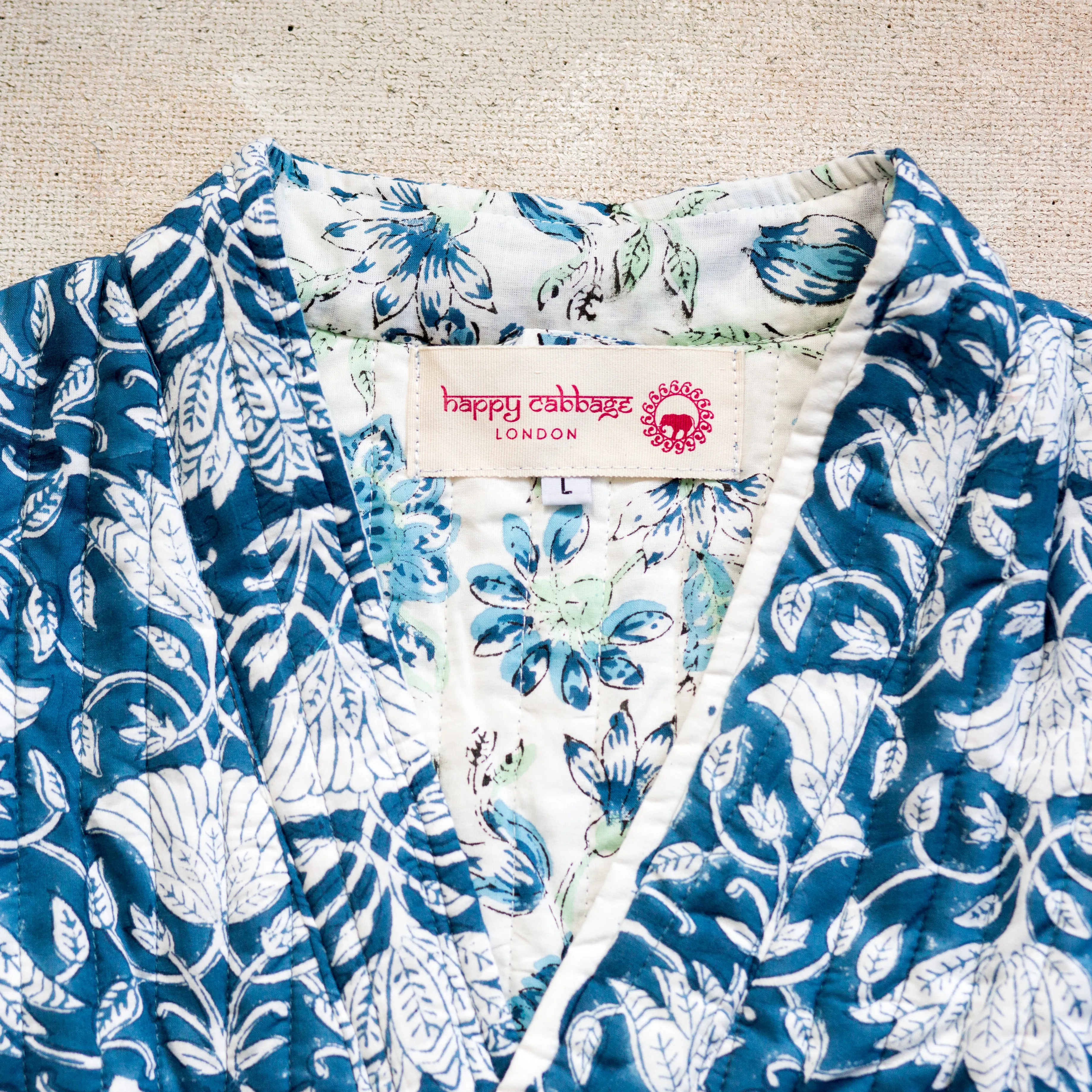 Luxury Quilted Hand Block Print Robe - Blue & White Lotus Print