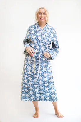 Luxury Quilted Hand Block Print Robe - Blue & White Lotus Print