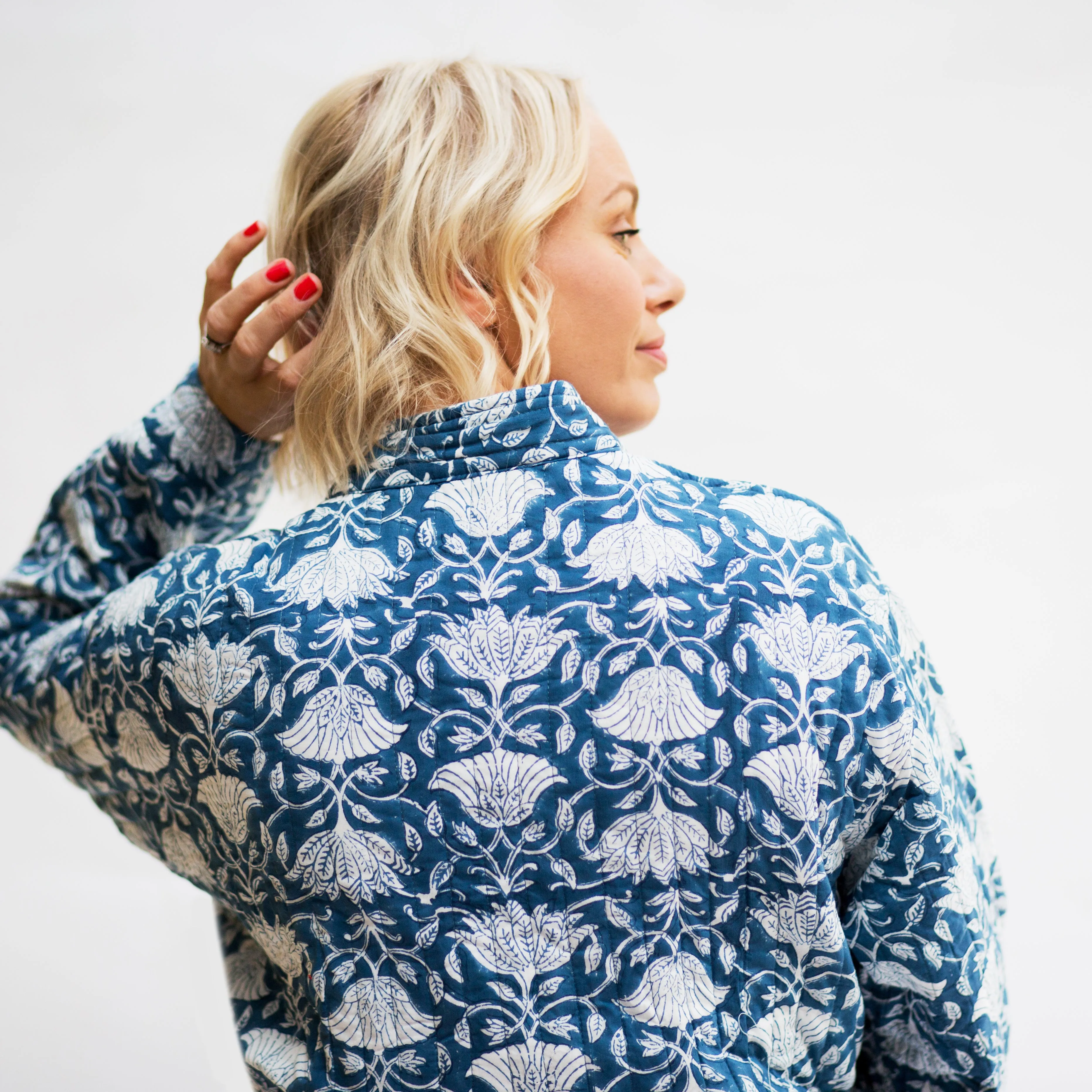 Luxury Quilted Hand Block Print Robe - Blue & White Lotus Print