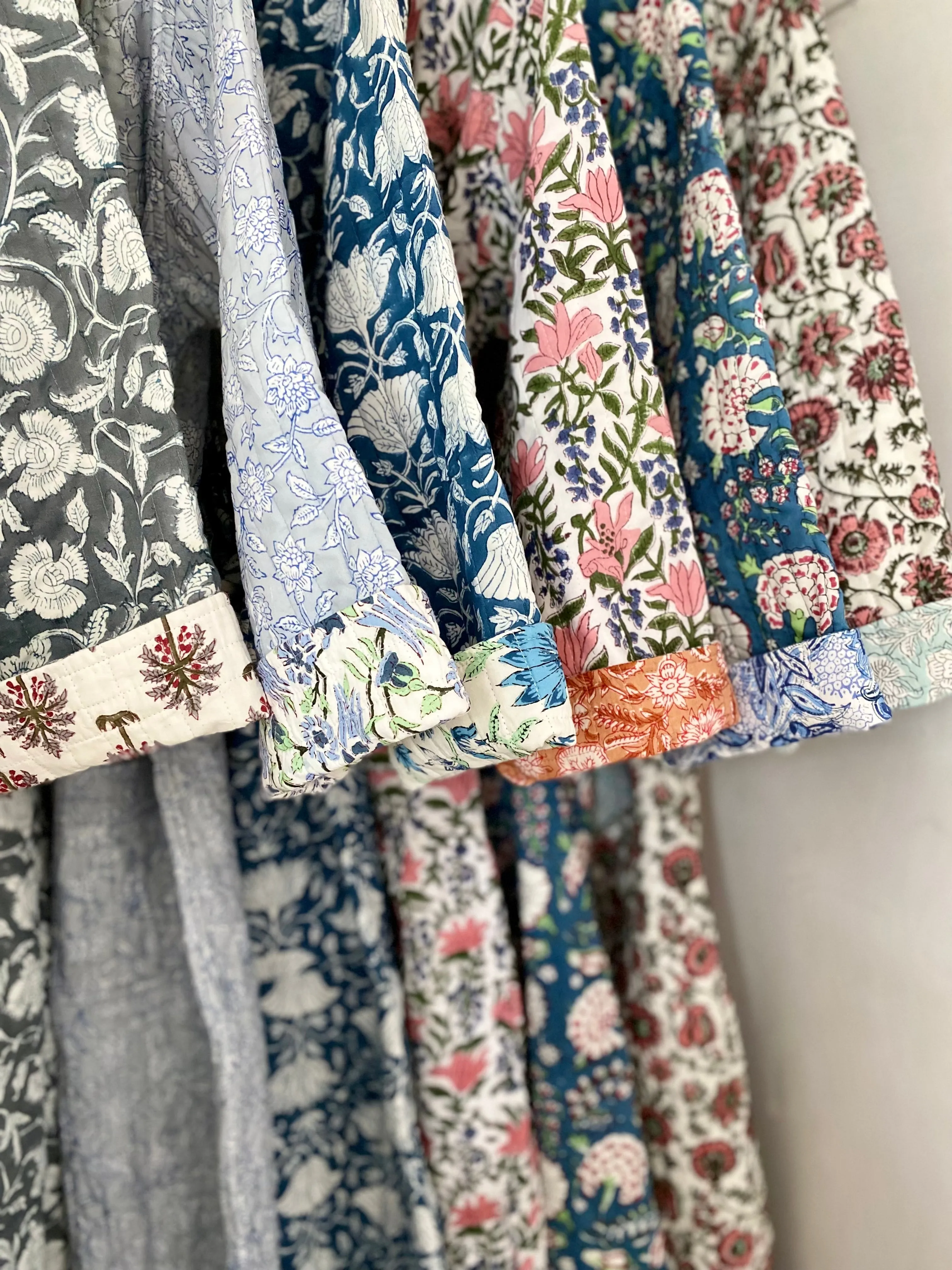Luxury Quilted Hand Block Print Robe - Blue & White Lotus Print