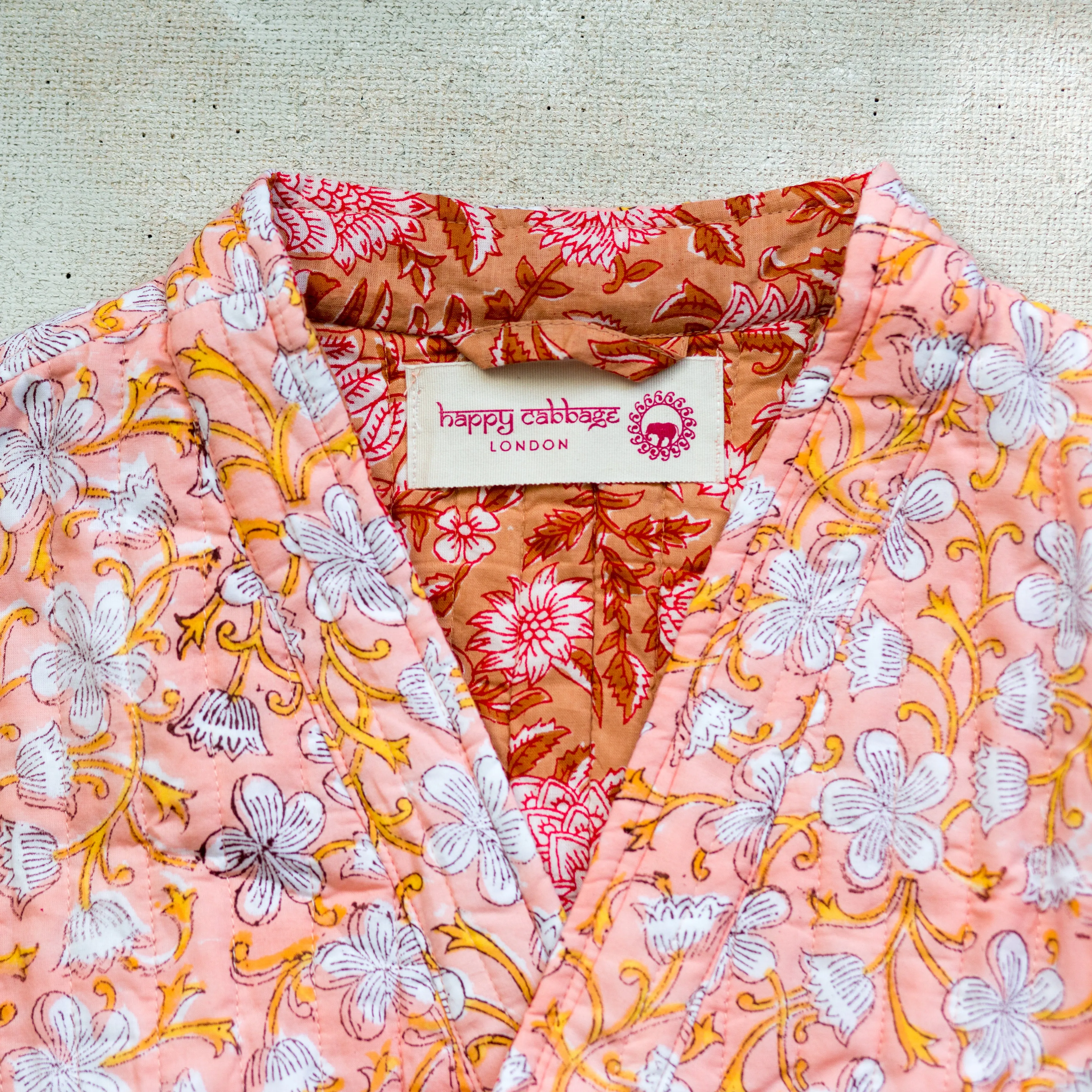 Luxury Quilted Hand Block Print Robe - Coral & White Floral Print