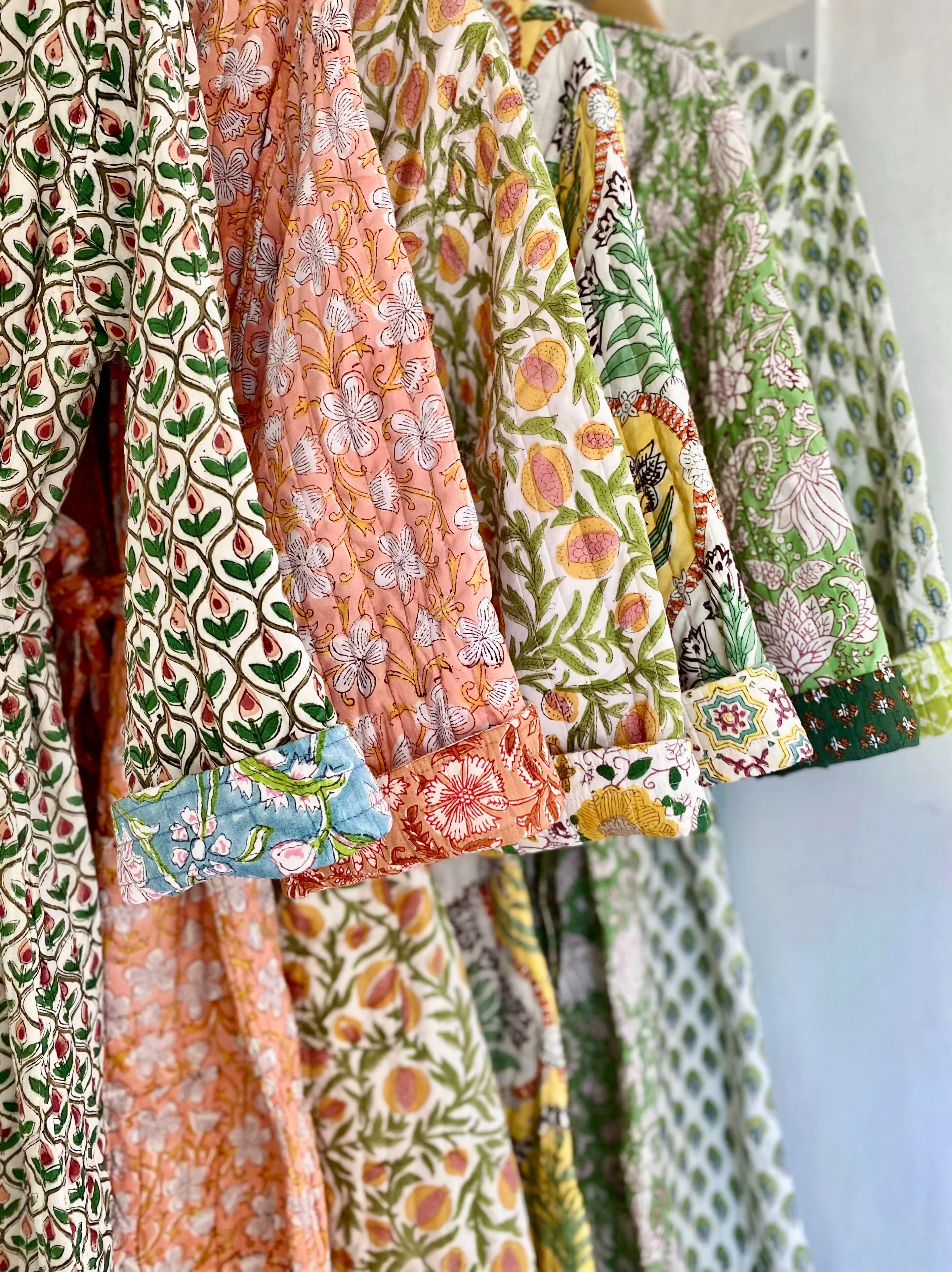 Luxury Quilted Hand Block Print Robe - Coral & White Floral Print