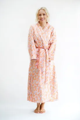 Luxury Quilted Hand Block Print Robe - Coral & White Floral Print
