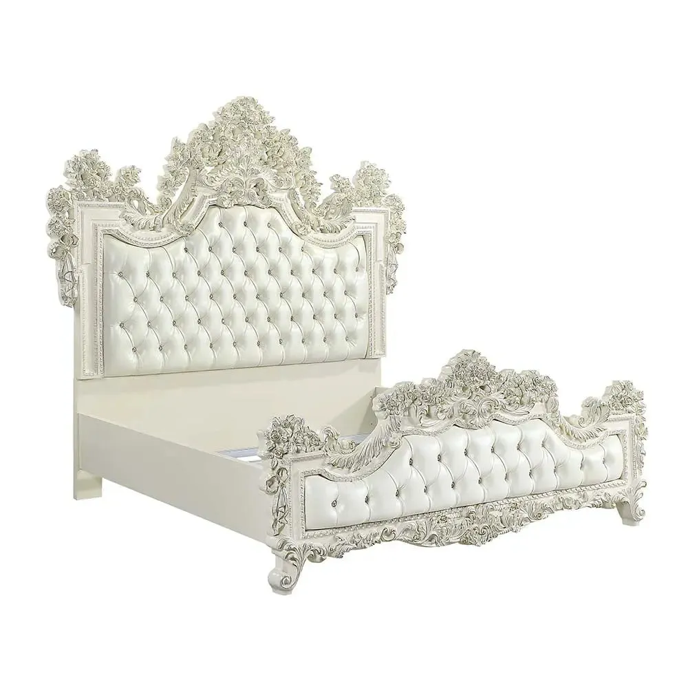 Madison Eastern Rococo Style King Bed, Buttun Tufted, White