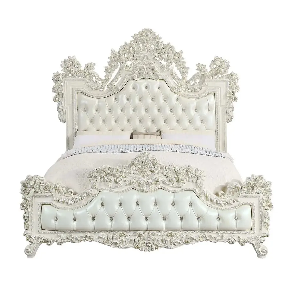 Madison Eastern Rococo Style King Bed, Buttun Tufted, White