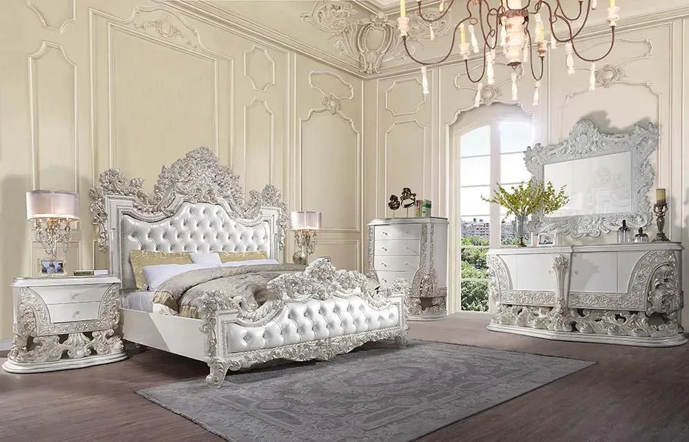 Madison Eastern Rococo Style King Bed, Buttun Tufted, White
