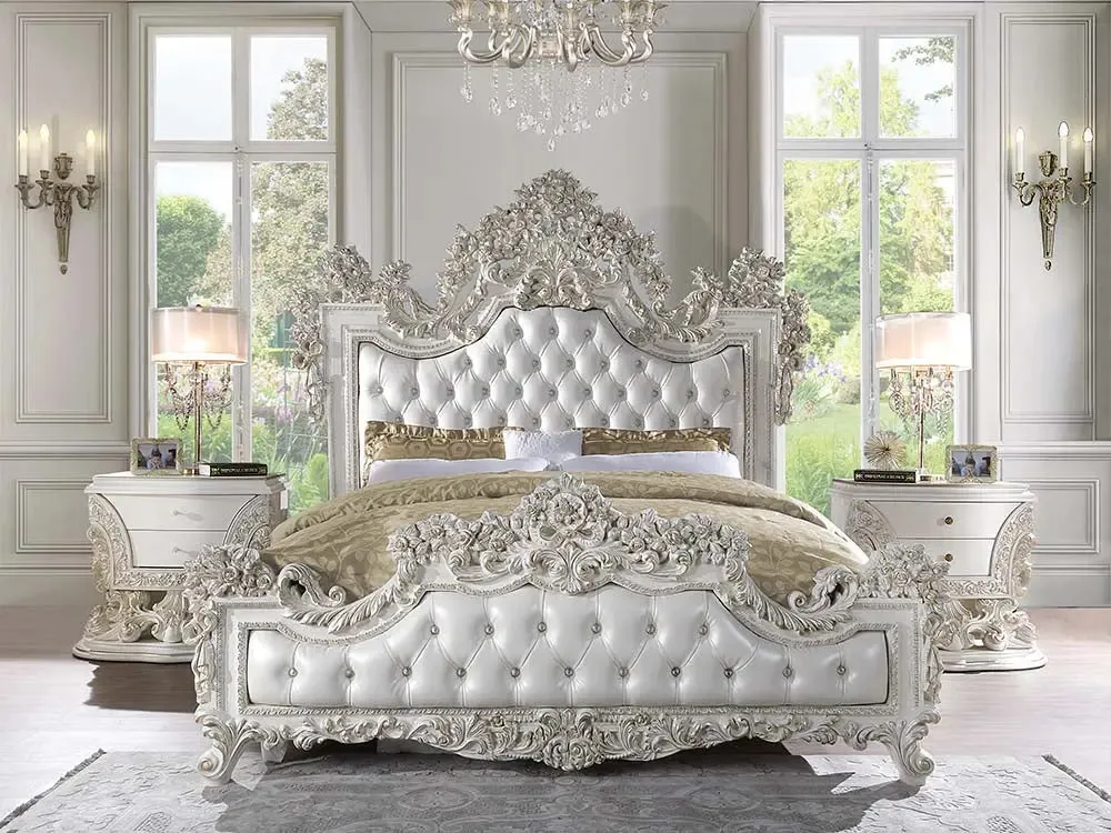 Madison Eastern Rococo Style King Bed, Buttun Tufted, White