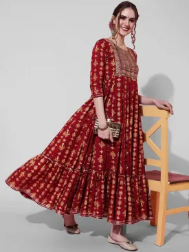 Maroon Ethnic Motifs Printed Anarkali Kurta with Sequins Detail