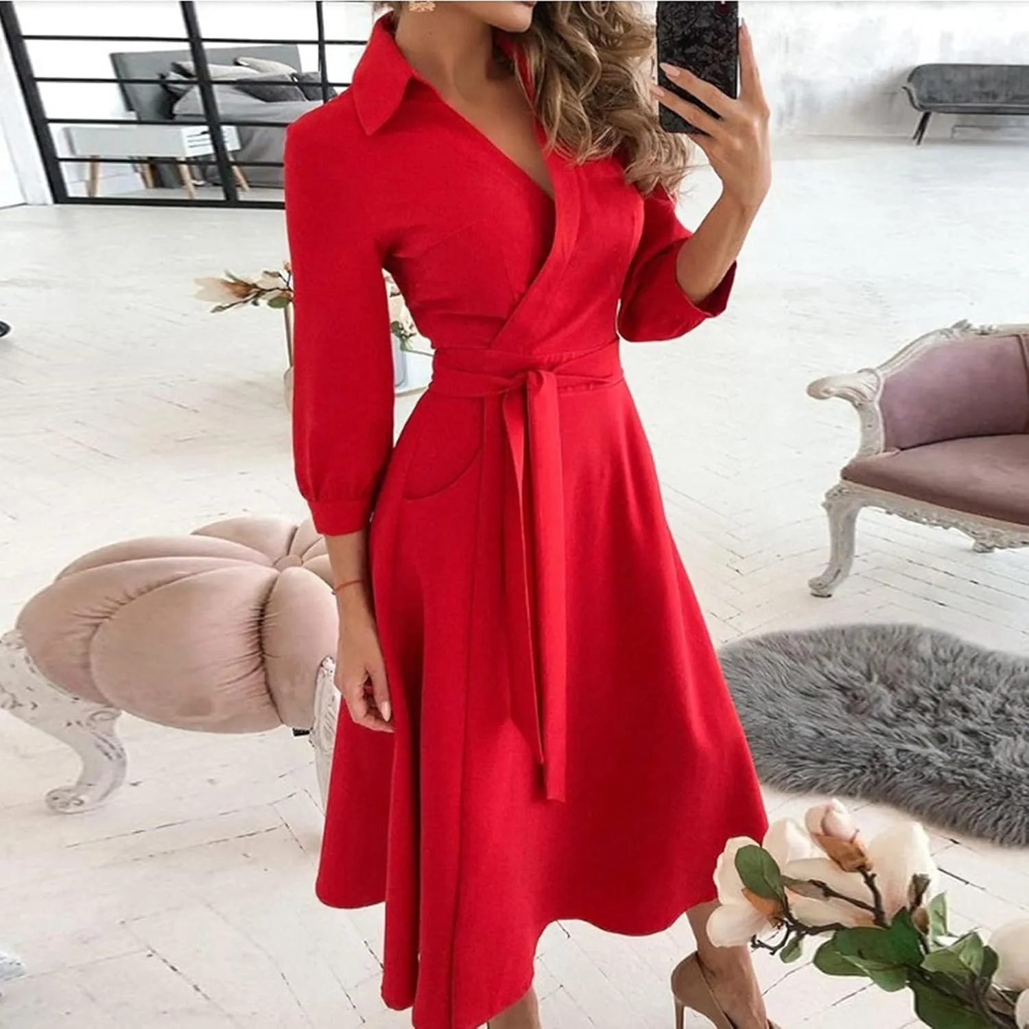 Maxi Dress for Women,2024 Summer Elegant Lapel V Neck Long/Short Sleeve Belt Office Dress,Flowy Ruched Beach Dress