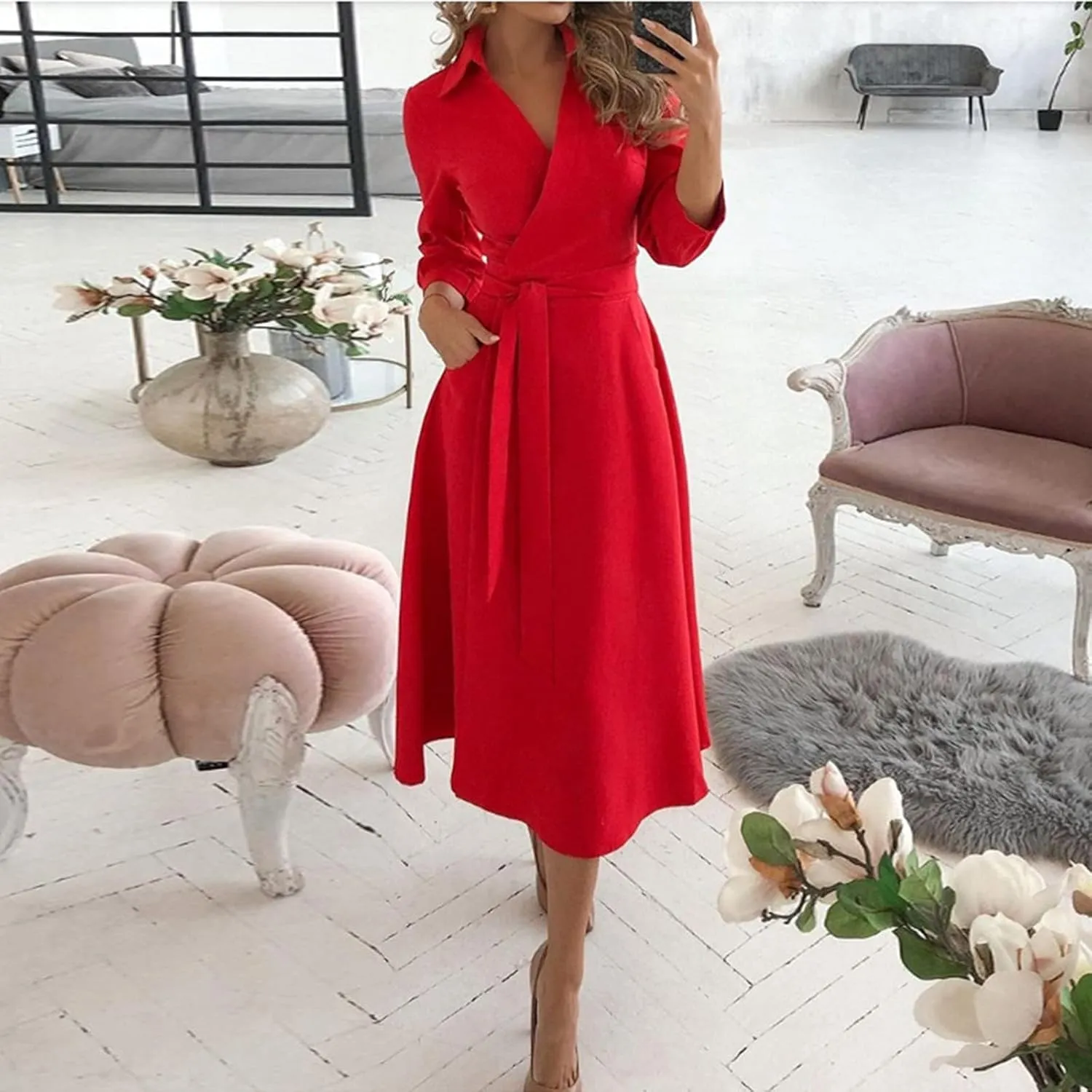 Maxi Dress for Women,2024 Summer Elegant Lapel V Neck Long/Short Sleeve Belt Office Dress,Flowy Ruched Beach Dress