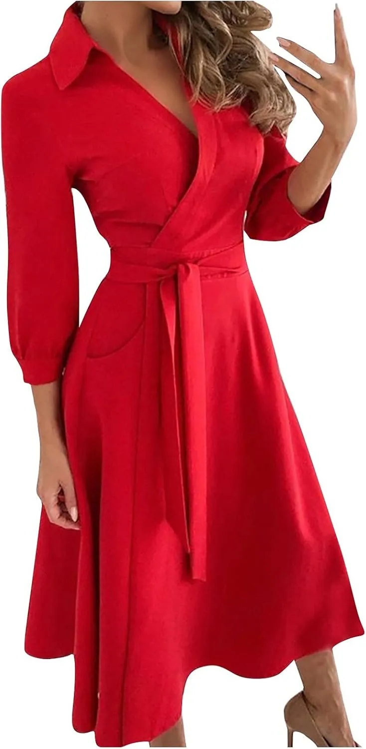 Maxi Dress for Women,2024 Summer Elegant Lapel V Neck Long/Short Sleeve Belt Office Dress,Flowy Ruched Beach Dress