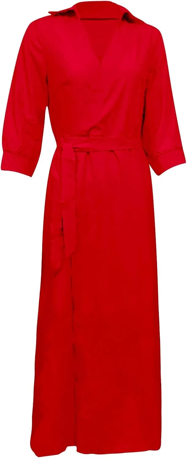 Maxi Dress for Women,2024 Summer Elegant Lapel V Neck Long/Short Sleeve Belt Office Dress,Flowy Ruched Beach Dress