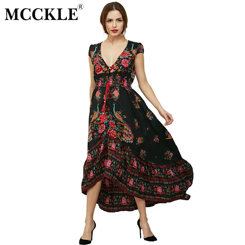 MCCKLE woman fashion Summer Boho Dress Ethenic Sexy Print Retro Vintage Dress Tassel Beach Dress Bohemian Hippie Dress Robe new