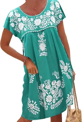 Melliflo Mexican Dress for Women Short Sleeve Floral Embroidered Fiesta Dress Loose Linen Peasant Dresses