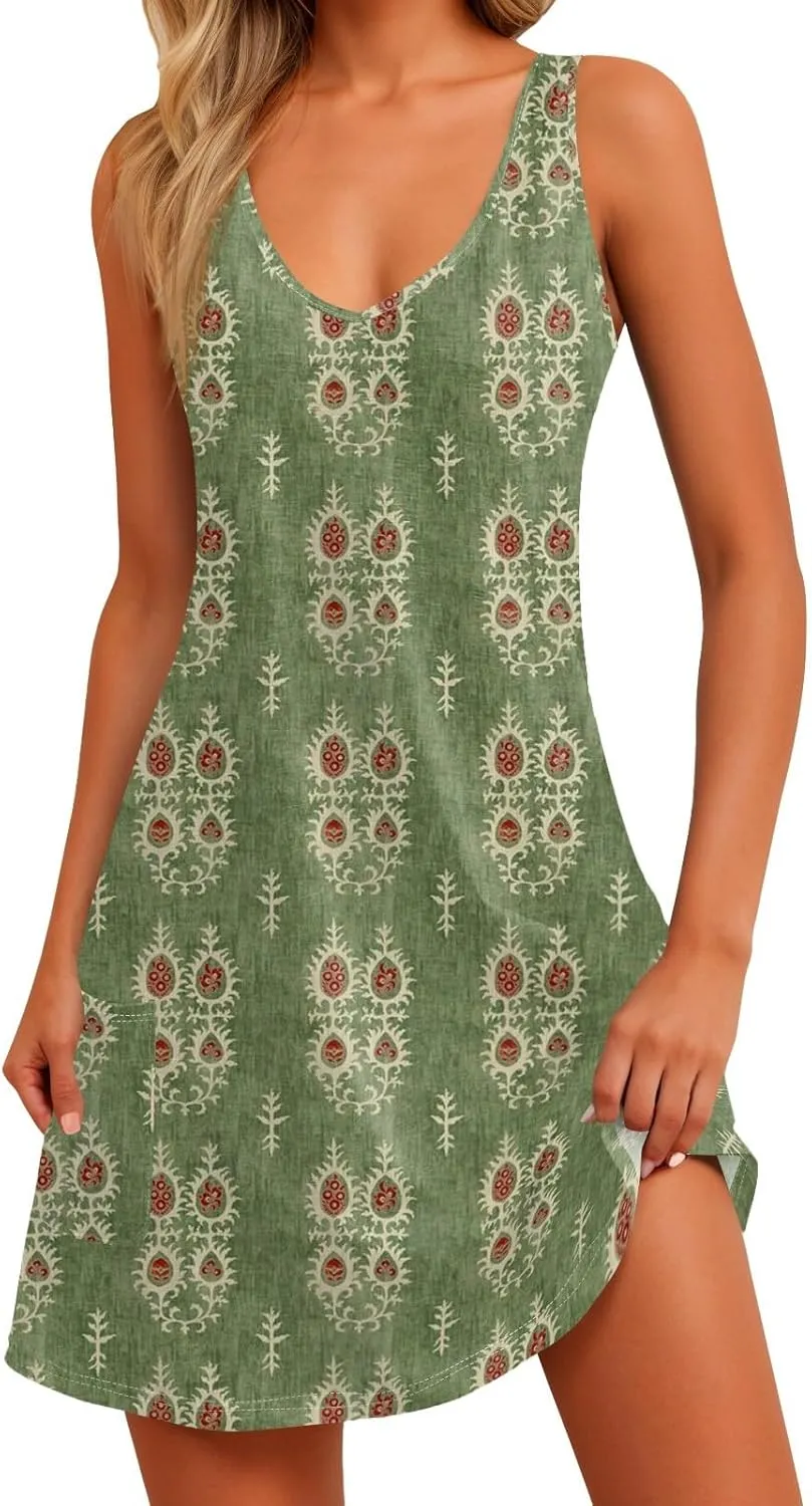 Mini Dresses for Women V Neck Floral Print Tank Dresses Sleeveless Sundresses Swing Beach Dress Beach Cover Ups