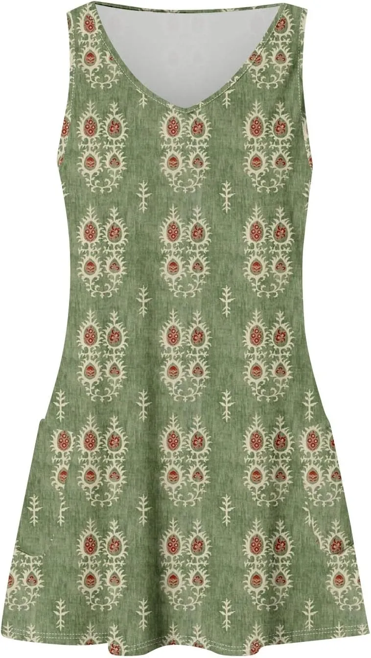 Mini Dresses for Women V Neck Floral Print Tank Dresses Sleeveless Sundresses Swing Beach Dress Beach Cover Ups