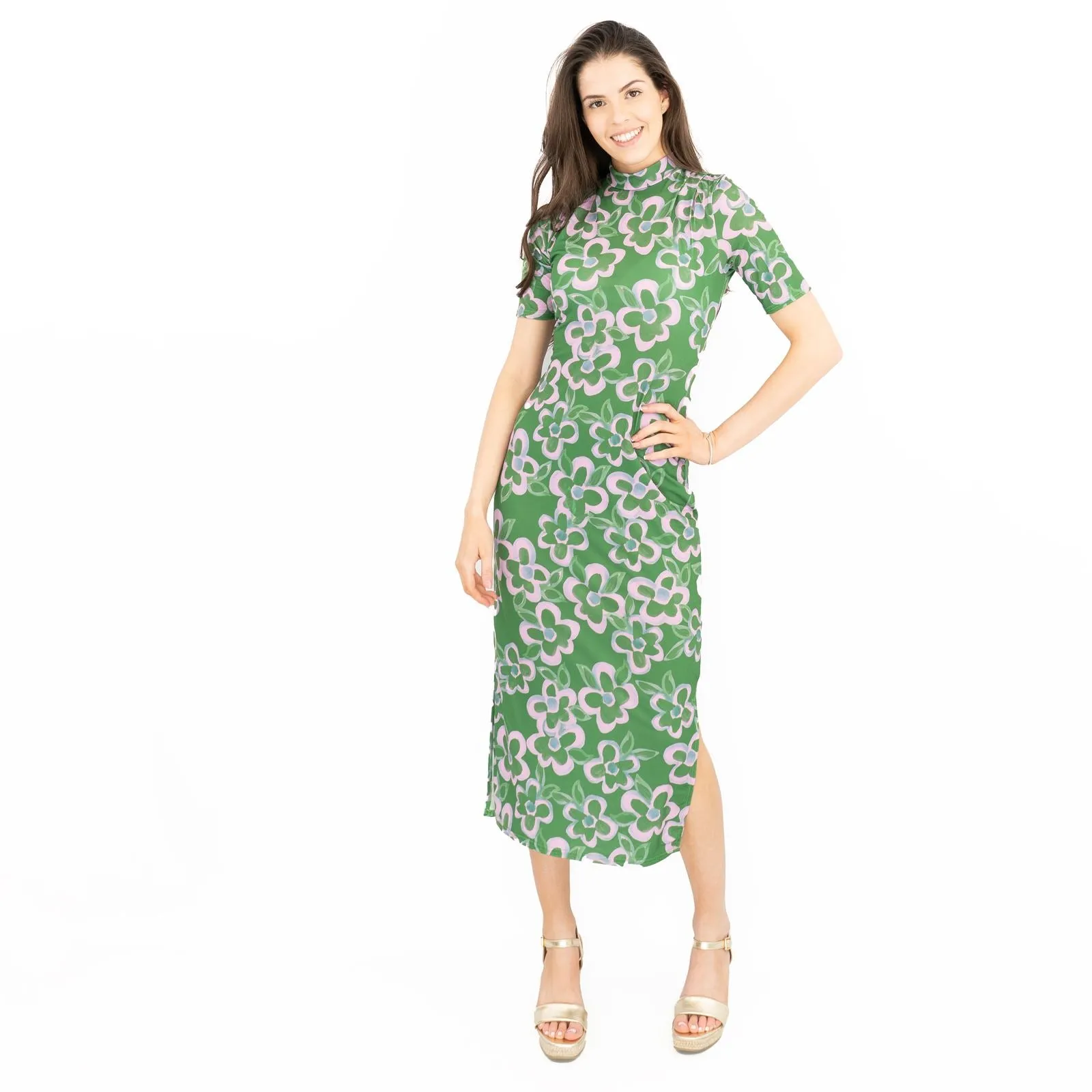 Nasty Gal Green Floral High Neck Short Sleeve Midi Dress