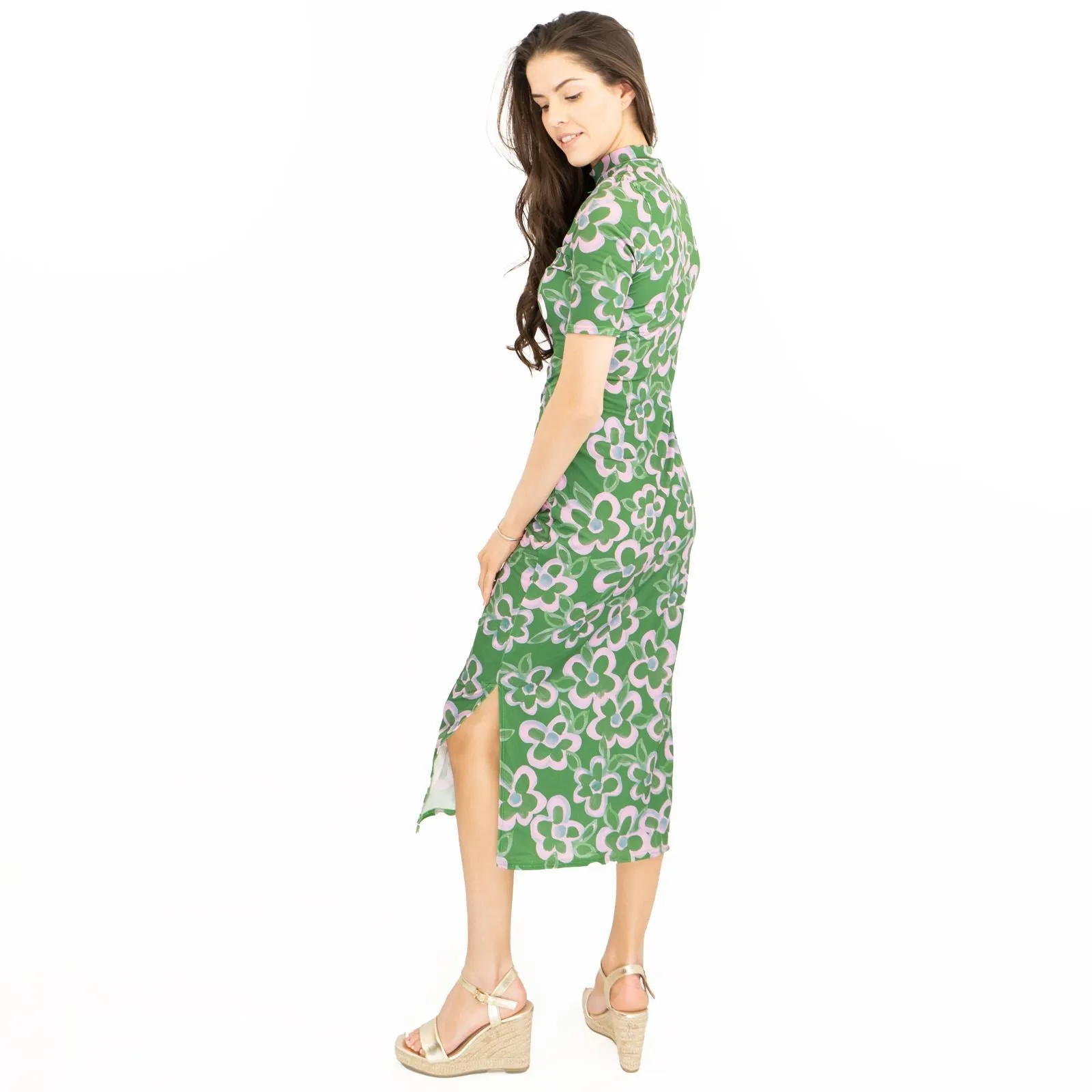 Nasty Gal Green Floral High Neck Short Sleeve Midi Dress
