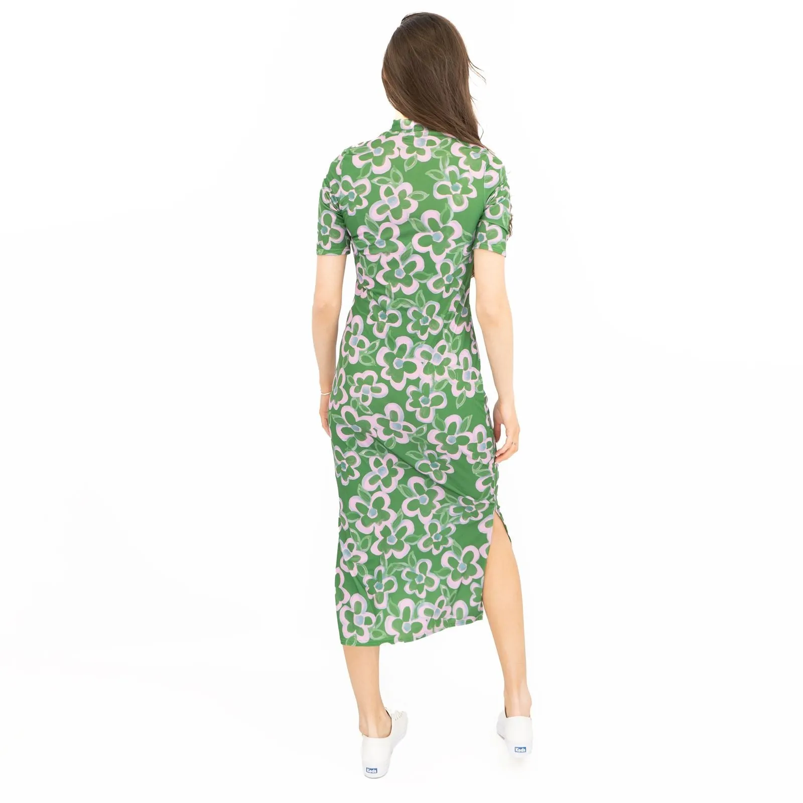 Nasty Gal Green Floral High Neck Short Sleeve Midi Dress