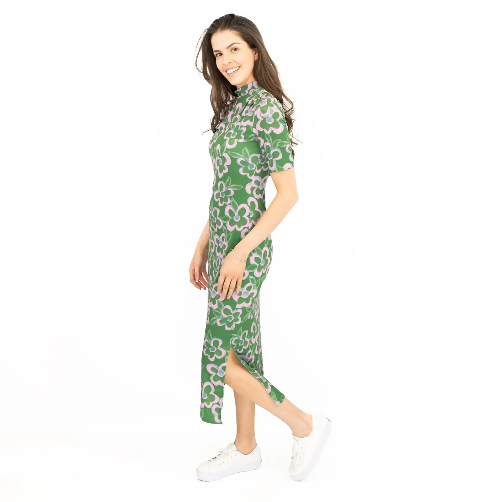 Nasty Gal Green Floral High Neck Short Sleeve Midi Dress