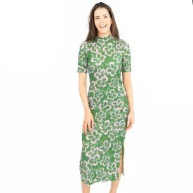 Nasty Gal Green Floral High Neck Short Sleeve Midi Dress