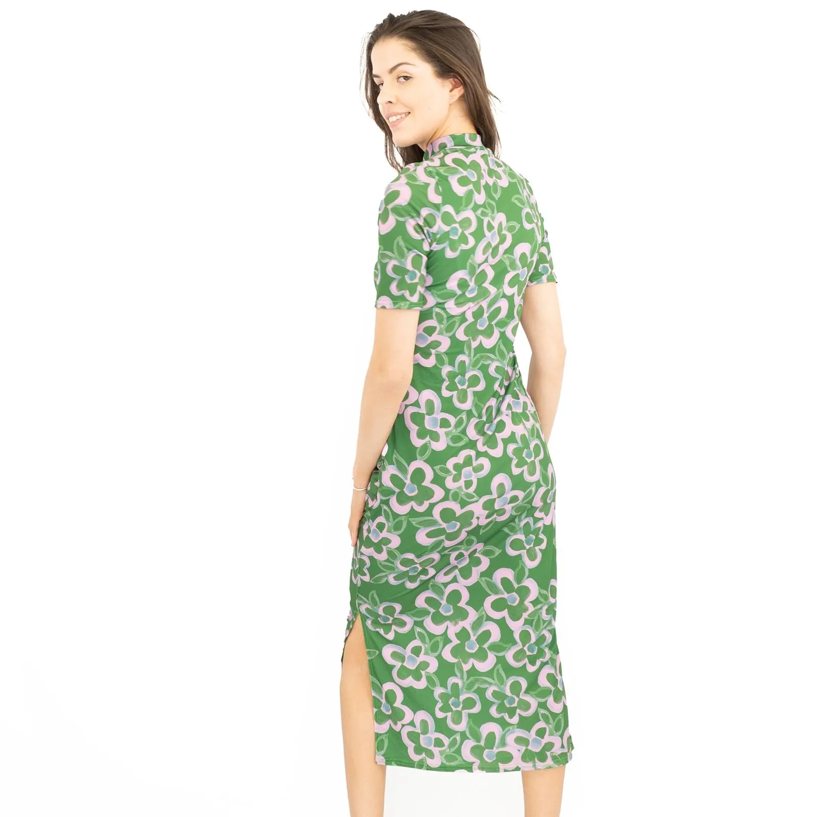 Nasty Gal Green Floral High Neck Short Sleeve Midi Dress