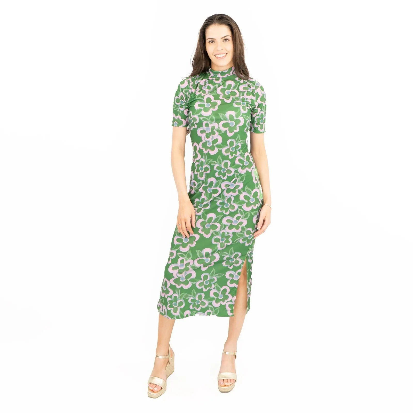 Nasty Gal Green Floral High Neck Short Sleeve Midi Dress