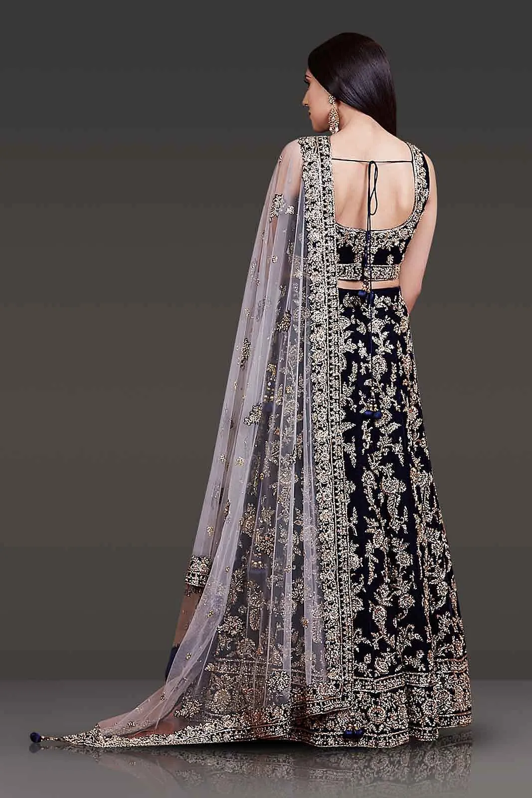 navy Bridal Outfit With Velvet Top And Net Dupatta
