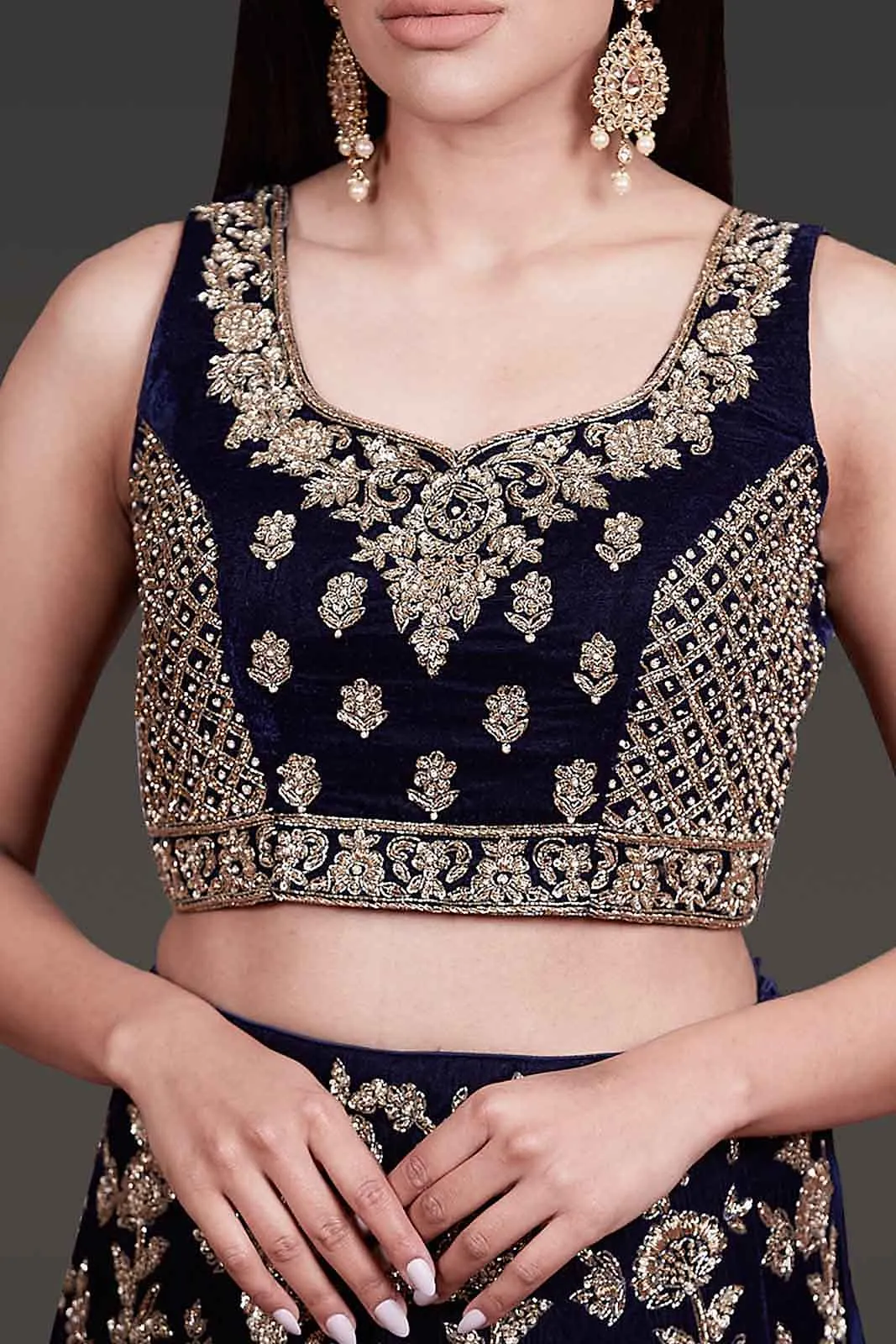navy Bridal Outfit With Velvet Top And Net Dupatta