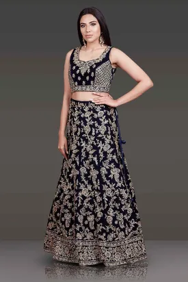 navy Bridal Outfit With Velvet Top And Net Dupatta